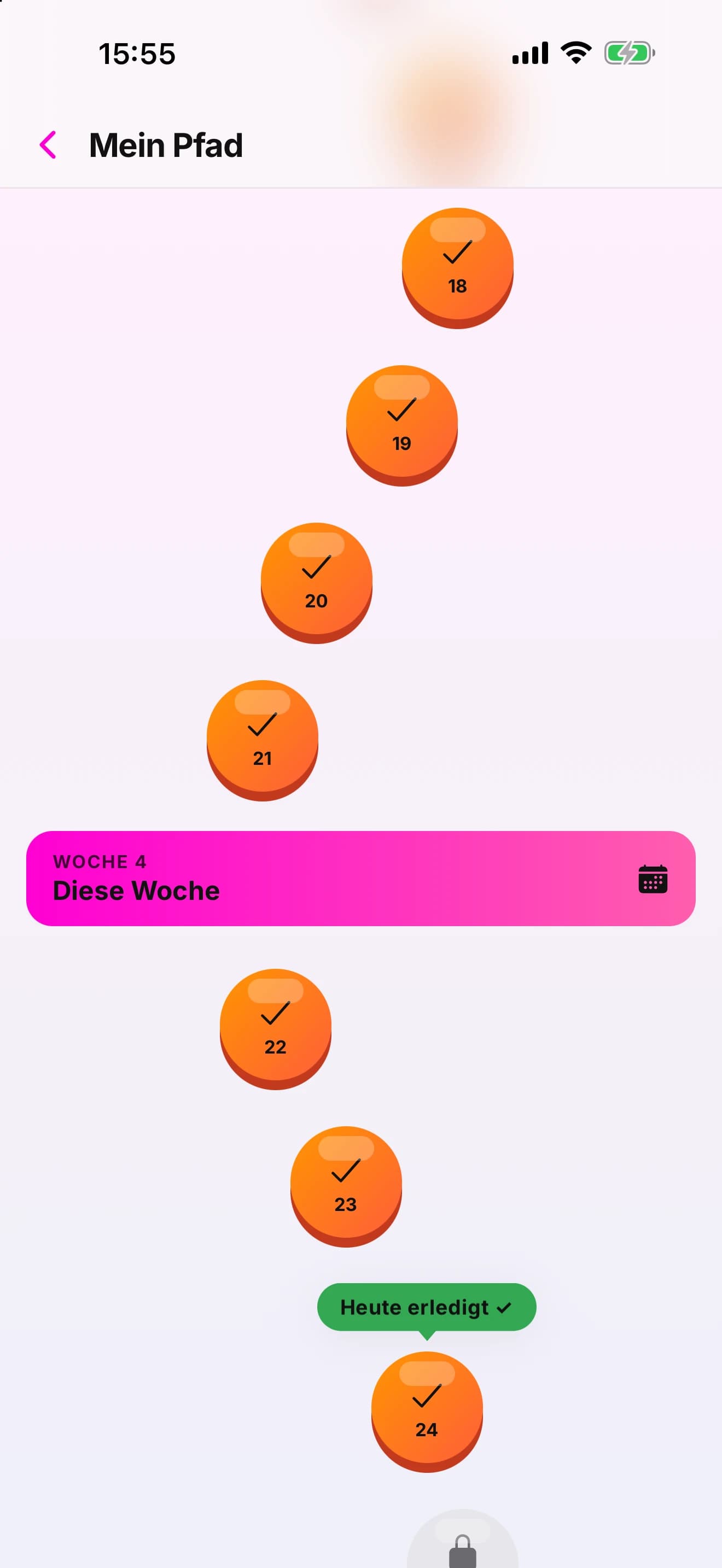 “Mein Pfad”: the days of the streak as orange steps along a path, a banner for this week, and today marked “Heute erledigt”.