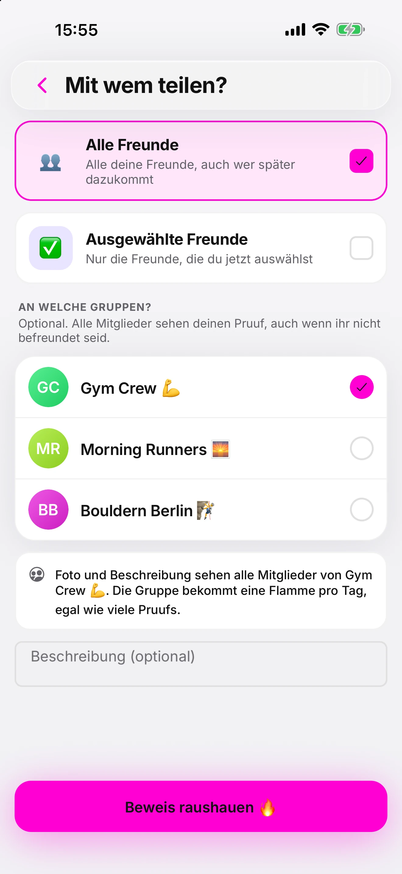 The step “Mit wem teilen?”: share with all friends or with selected friends, optionally with groups such as “Gym Crew”, and a button to post the proof.